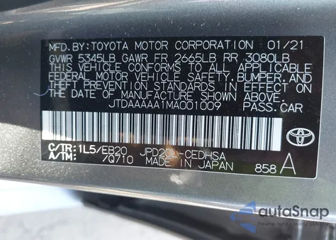 2021 Toyota Mirai Limited z USA, uszkodzony, nr VIN JTDAAAAA1MA001009